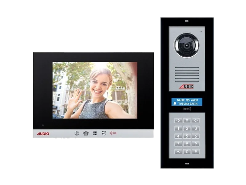 Audio siyah iç ünite ve dış kapı paneli görüntülü diafon seti