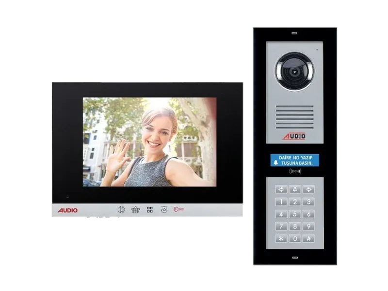 Audio siyah iç ünite ve dış kapı paneli görüntülü diafon seti