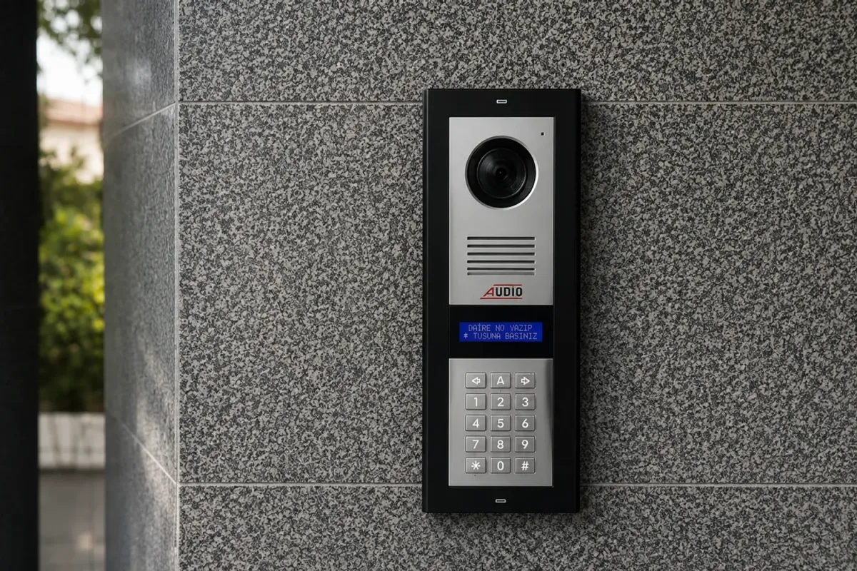 Granit kaplama bina girişine yeni takılan Audio görüntülü diafon dış paneli, ekranında daire seçim yazısı