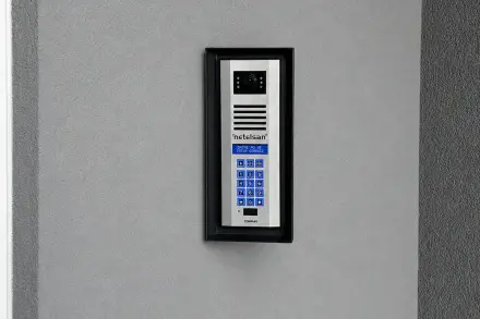 Açelya Apartmanı girişindeki Netelsan görüntülü diafon dış paneli — kamera, hoparlör ve tuş takımı