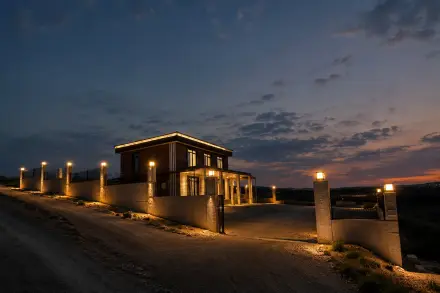 Villanın alacakaranlıkta çekilmiş görünümü; bahçe duvarı boyunca yanan aydınlatma direkleri